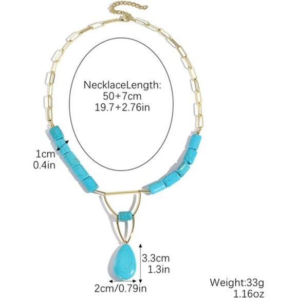 Chunky Turquoise and Gold Geometric Pendant Necklace Bohemian Western - Picture 3 of 4